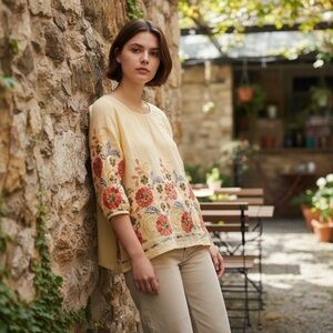 Ana and Rose Embroidered 3/4 Sleeve Cream tunic Blouse Medium